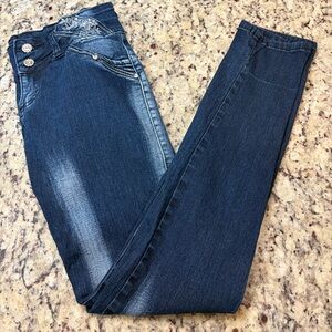 Stylish Blue Women's Skinny Jeans with Embroidered Floral Accents